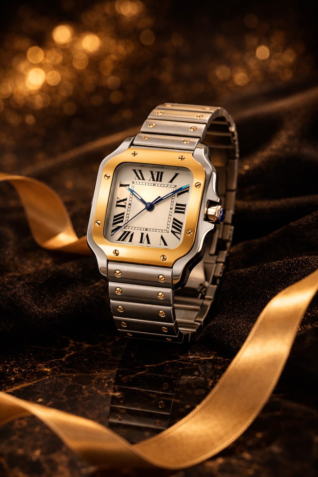 Santos de Cartier luxury watch on dark velvet with golden ribbon
